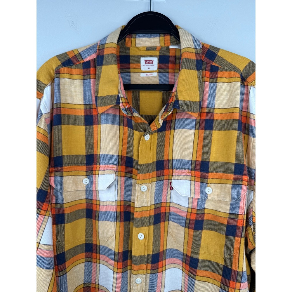 Levi's Relaxed Flannel Shirt Mens XL Yellow Orange Navy Plaid Cotton Hemp Blend